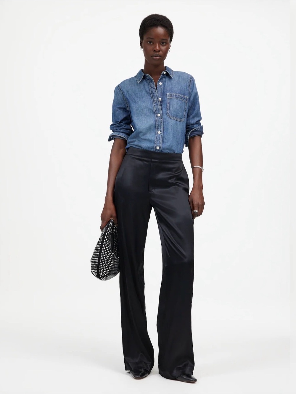 Madewell Pull-On Straight Pants in Stretch Satin — Small — True Black - Chic
